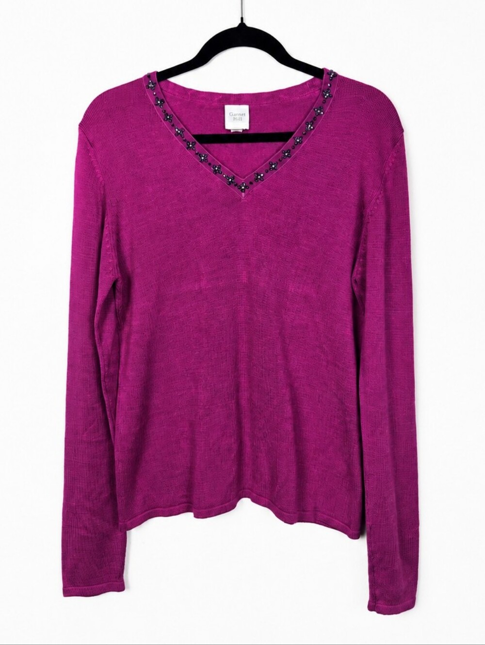 Garnet Hill 91% Silk Beaded V Neck Sweater Pink Magenta Long Sleeve Large